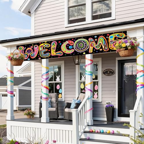 Image of Welcome Outdoor Banner 78.7 x 17.7 Inch Colorful Letter Design with Bright Dots Artistic Large Hanging Decoration for Porch Fence or Garden Outdoor Event Party Display Home Entrance Decoration