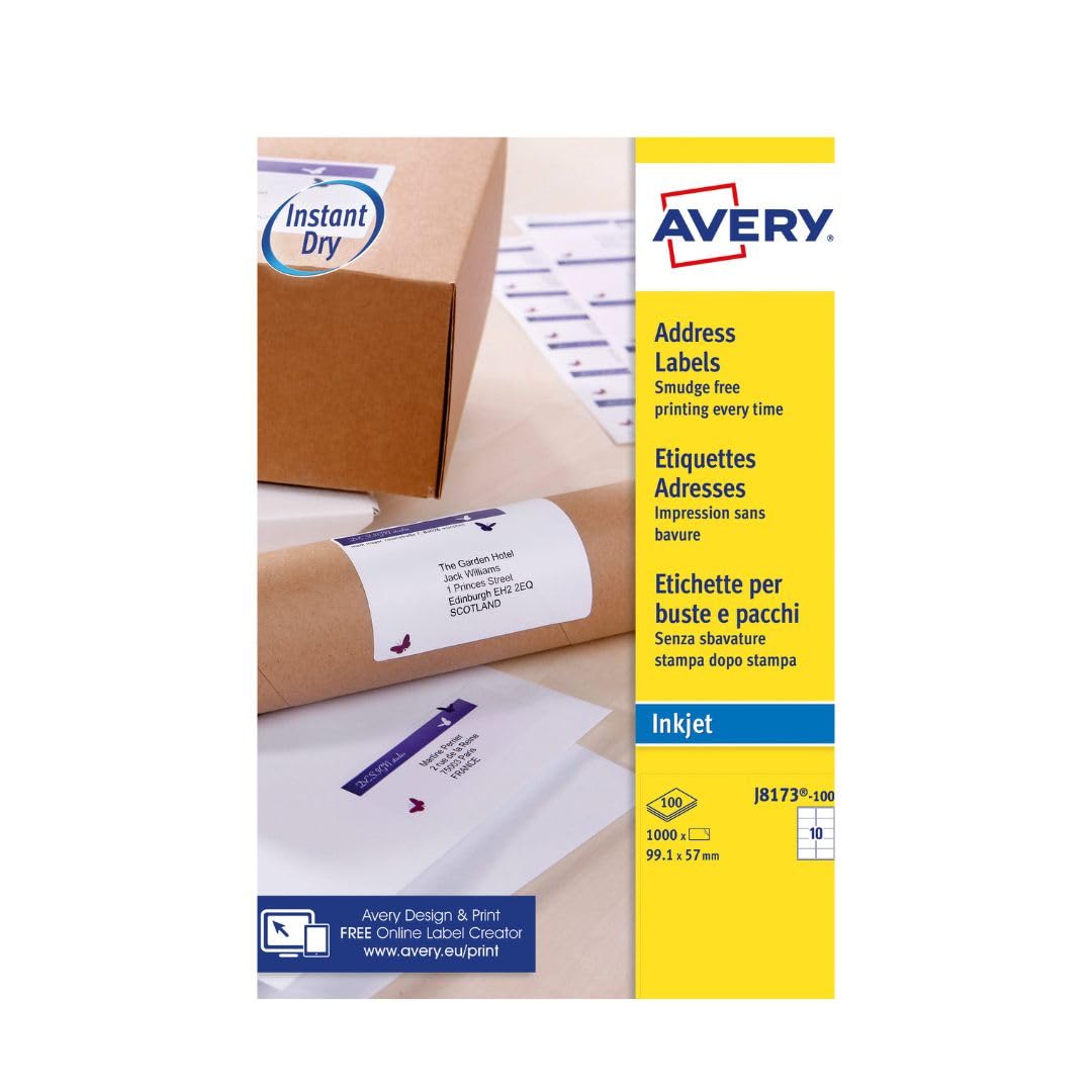 Printable, customisable Parcel Mailing Labels, Inkjet Printers, 10 Labels per A4 Sheet, 1000 labels, QuickDRY (J8173) White, 100 Sheets