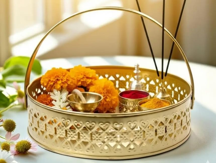 Gold Pooja Thali Basket with Handle, Round Metal Puja Tray | Decorative Cutwork Design, Festive Worship Use, Carry Handle, Gold Finish, Round Shape-image-1