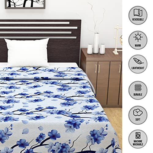 Image of Divine Casa Glace Cotton 120 GSM Reversible Lightweight Printed Single Bed AC Dohar Blanket Quilt - Deep Blue and Black