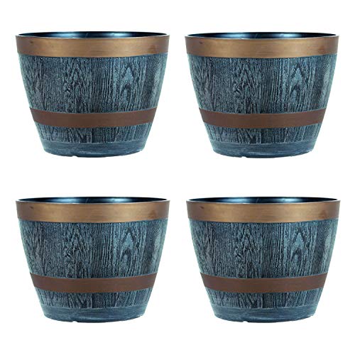 Rustic Style Dark Grey Plastic Half Barrel Cask Planters 28.5cm Diameter - Set of 4 - Indoor & Outdoor Flower/Plant Pot.