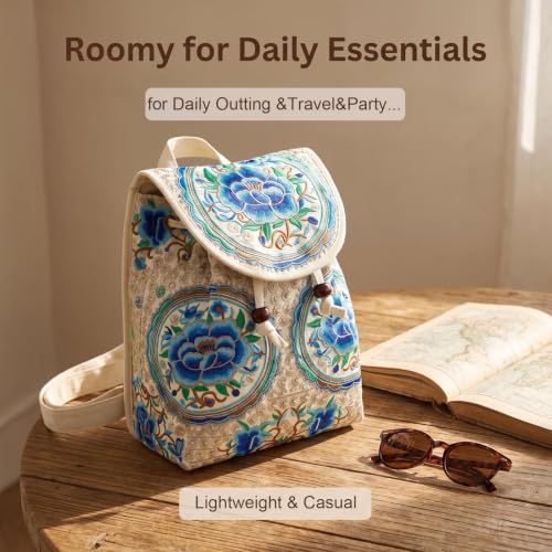 Image of Jursccu Embroidered Backpack Purse for Women Small Canvas Vintage Daypack