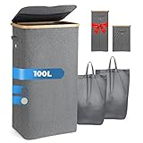 Yamagahome Wäschekorb mit Deckel 100L, Großer Wäschesammler mit 2 herausnehmbaren Wäschesäcke und Upgrade Deckeldesign, Faltbarer Wäschesortierer aus Bambus und Wasserdichter Oxford-Stoff (Grau)