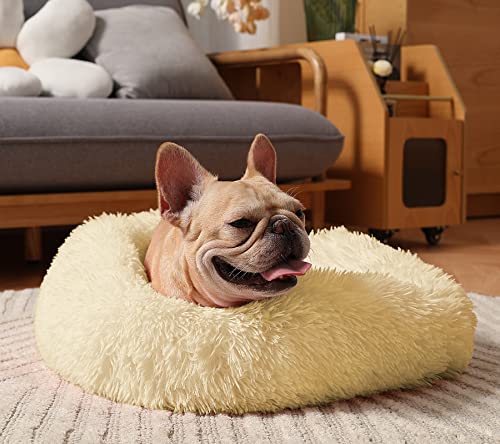 Small Dog Bed, Faux Fur Dog Bed & Cat Bed, Original Calming Dog Bed for Small Medium Pet, Anti Anxiety Donut Cuddler Round Warm Bed for Dogs with Fluffy Comfy Plush Kennel Cushion 