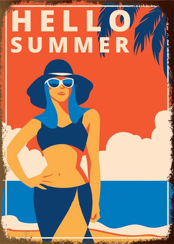 AZOLID Vintage Metal Tin Signs Hello Summer Tin Signs Vintage Funny Bar Club Cave Home Kitchen Wall Decor 30X20CM