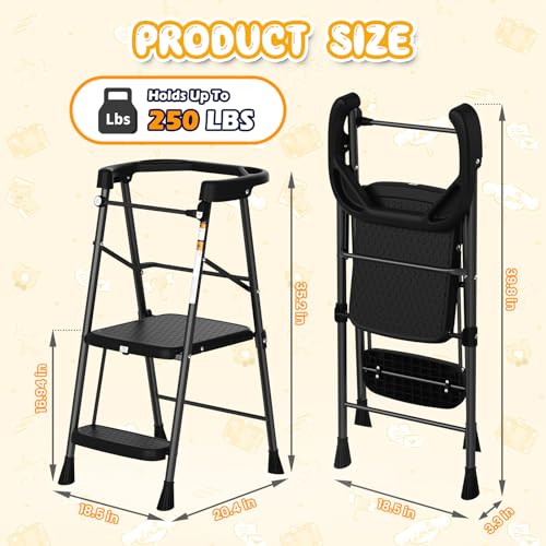 Image of HBTower Kids 2 Steps Step Stool,Toddler Tower for Kitchen Counter Learning,Toddler Kitchen Stool Helper with Anti-Drop Safty Railing Kids Standing Folding Stepper(Black)