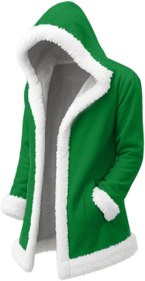 Christmas Men's Long Cardigan Hoodies Women White Faux Fur Trim Warm Santa Claus Xmas Hooded Coat With Pocket