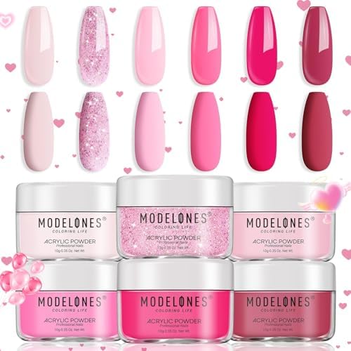 Modelones Pink Acrylic Powder 6 Colors Acrylic Nail Powder Neon Glitter