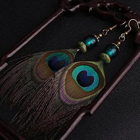 LOKILOKI Women Ethnic Long Earrings Fashion Handmade Peacock Feather Earrings,new Thailand Vintage Bohemian Earrings Cover