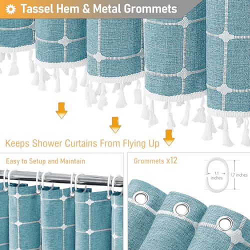 Image of BTTN 78 Inch Long Shower Curtain, Boho Farmhouse Linen Ultra Thick Fabric Shower Curtain Set with Plastic Hooks, Tall Rustic Country Weighted Cloth Shower Curtains for Bathroom, Teal /Turquoise, 72x78
