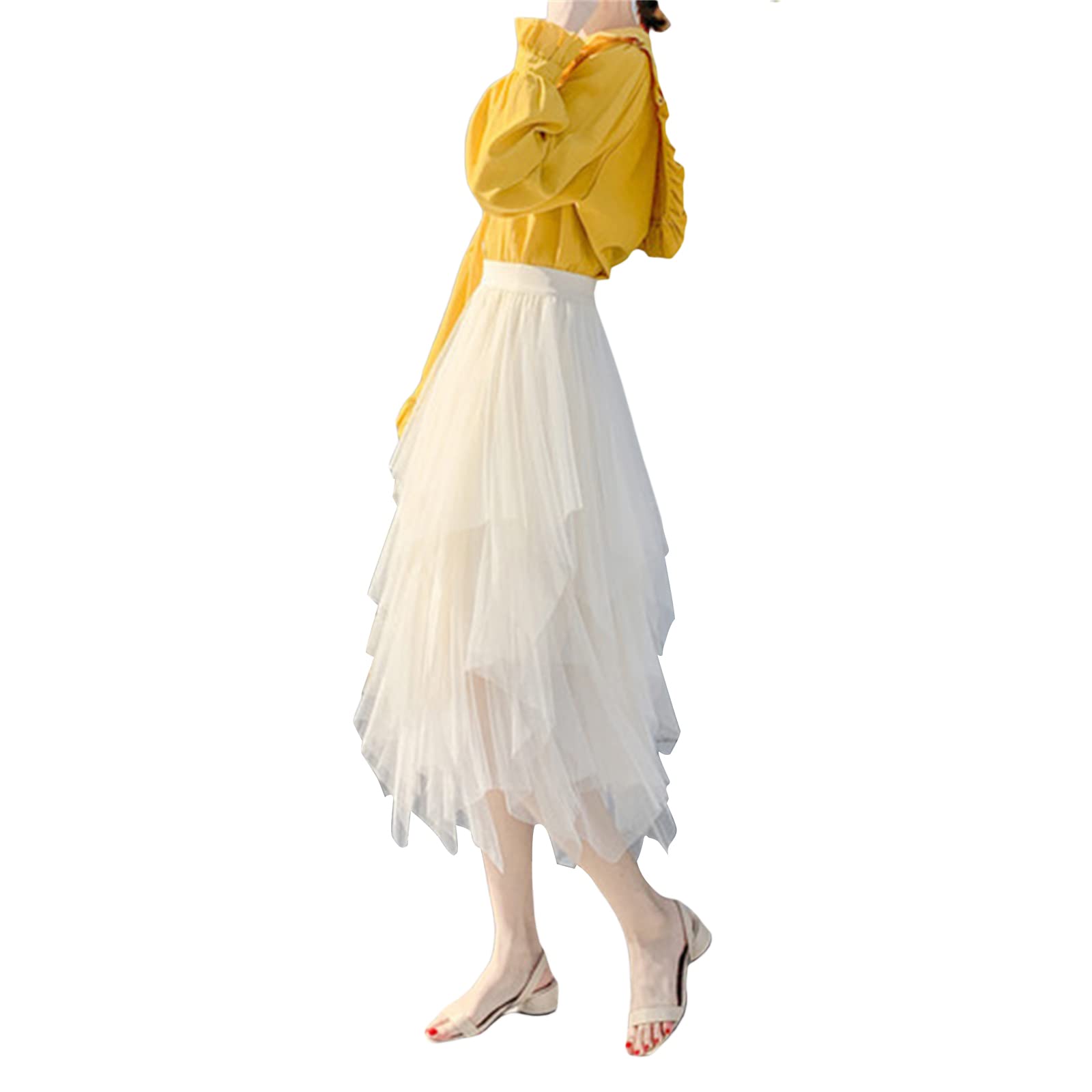 Jupes asymétriques en tulle pour femme - Taille haute élastique - Jupe tutu plissée - Jupe midi décontractée en maille, Abricot irrégulier, taille unique