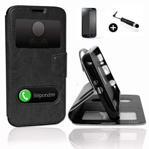PH26 LG Bello Super Pack Premuim Etui fenêtres Housse Coque Folio Noir PU + Mini Stylet Screen Touch + Verre trempé Dureté 9H, Ultra-Mince Anti-Rayures...