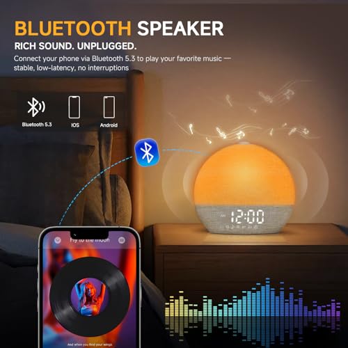 Image of Geuuap Sunrise Alarm Clock White Noise Sound Machine for Bedroom | Natural Wake-Up Light with 30 Soothing Sleep Aids, Bluetooth Speaker, Dimmable Clock, Screen-Free Design for Baby Adults Kids-Khaki