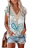 PLOKNRD Camiseta de Encaje Femenino con Cuello V Elegante Blusa de Manga Corta en Verano T-Shirt Relajada Blusa de Playa Boho Blanco XXL