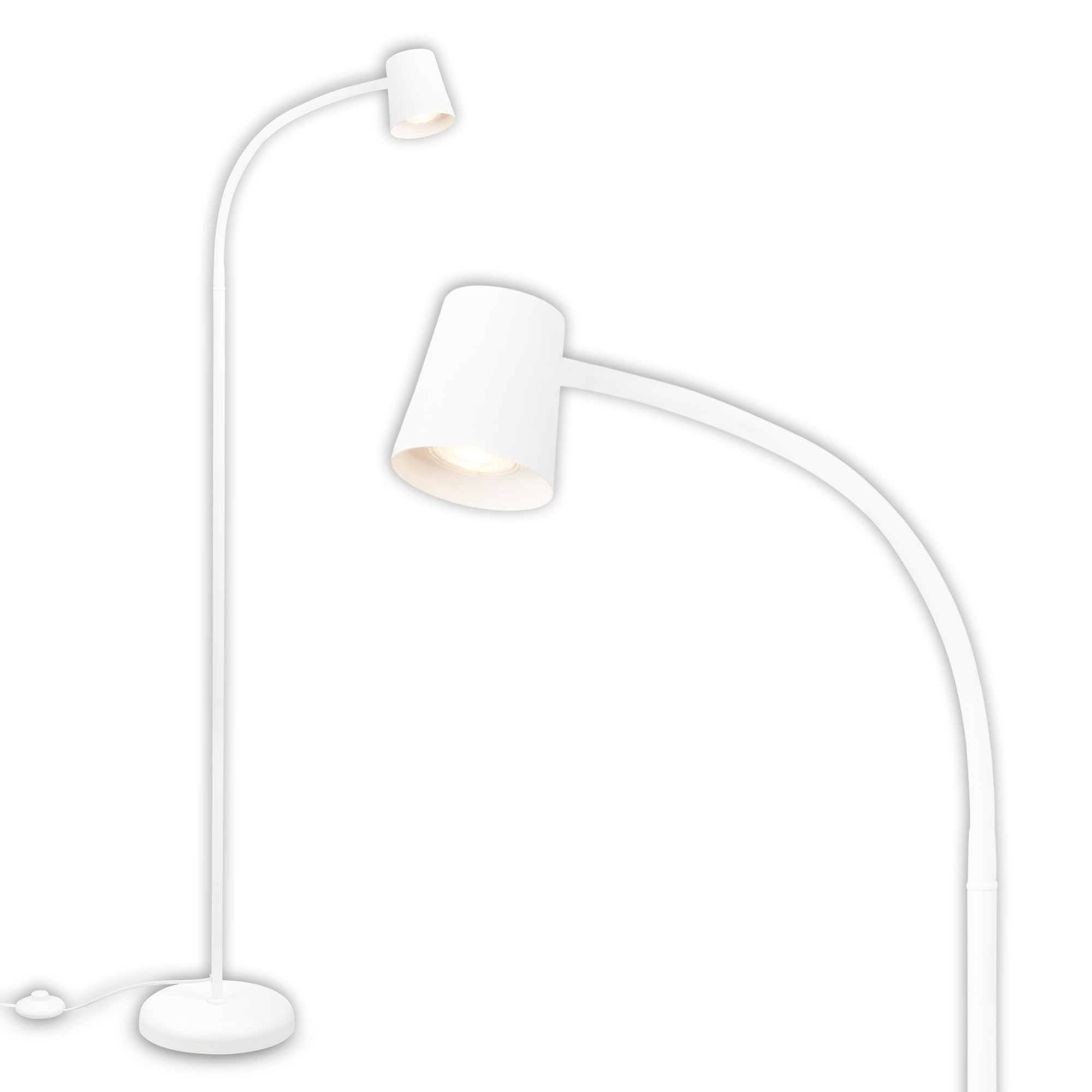 Biała lampa stojąca z regulowaną głowicą, na 1 żarówkę GU10 maks. 9W, metalowa konstrukcja, z przełącznikiem nożnym, nowoczesny design do salonu, biura lub kącika czytelniczego, IP20