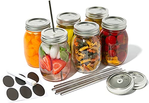 6-Piece Glass Mason Jar Pack with Airtight and Straw Metal Lids, Stainless Steel Straws 16oz Jar Set