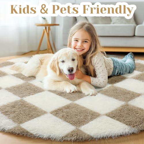 Image of KICMOR Round Rugs 6ft Beige and Cream White Circle Area Rug, Fluffy Soft Fuzzy Shag Shaggy Bedroom Living Room Carpet, Indoor Checkered Circular Rug for Kids Boys Girls Home Decor Aesthetic, Nursery