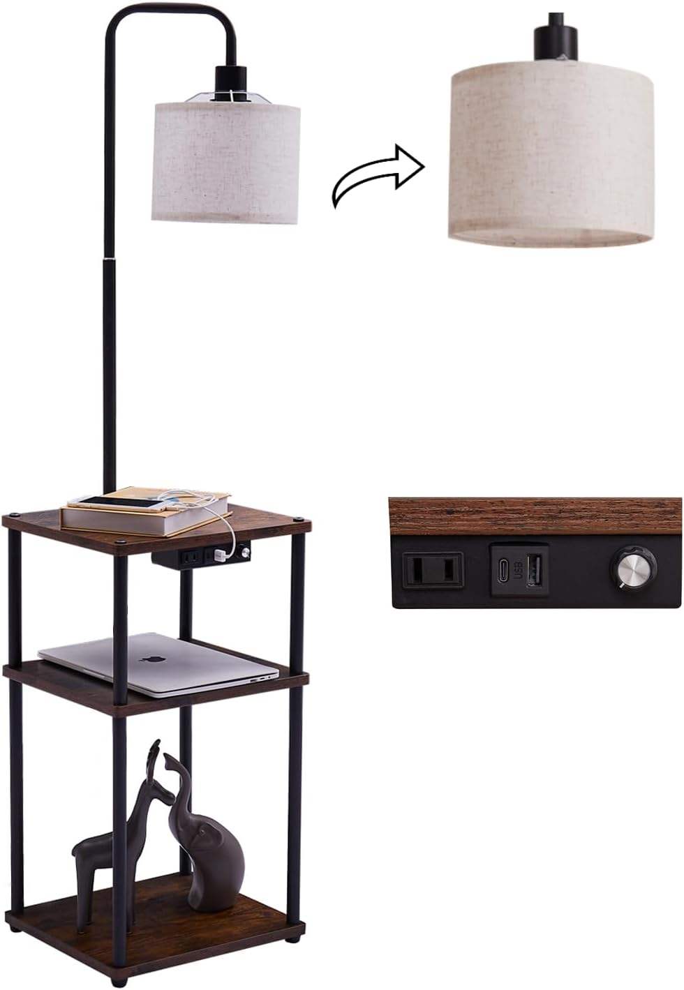 HSPauto Floor Lamp with Table, Lamps for Living Room with Charging Station(USB &Type-C &AC Port), Rustic End Table Lamp with Shelves & 3-Color Temperature LED Bulb, Lamp Table for Living Room, Bedroom