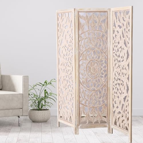 Daisy-Mandala-Room-Divider-Carved-Floral-Motifs-3-Panels-Natural-Mango-White-Wash-Distressed-Finish-Wood-Frame-Approx-6-Feet-Tall-715-Inches Daisy Mandala Room Divider Carved Floral Motifs 3 Panels Natural Mango White Wash Distressed Finish Wood Frame Approx 6 Feet Tall 715 Inches