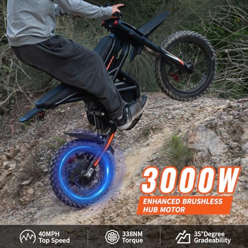 Image of Riding'times Electric Dirt Bike for Teens Adults 40MPH, 60V 25AH Electric Motorcycle with 14 inch /12 inch Fat Tire Ebike, 3000W Dual Hydraulic Brakes Mountain Off-Road Ebike for Ages 13+