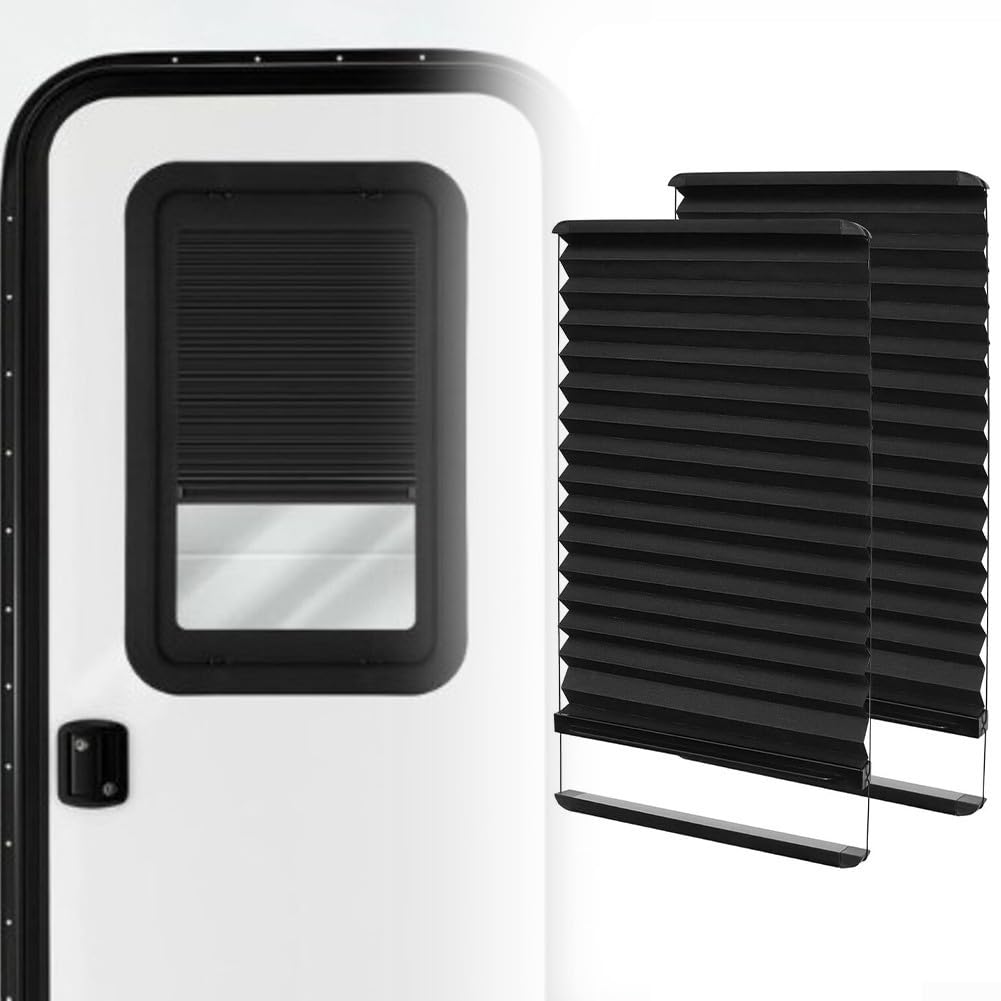 2 Stück RV-Tür-Fensterblenden 30,5 x 53,3 cm schwarz Faltrollo Aluminiumschiene für Lippert Eingangstüren Verdunkelung Sichtschutz leise gleitende Spur verstellbarer Lichtblock Sonnenschutz
