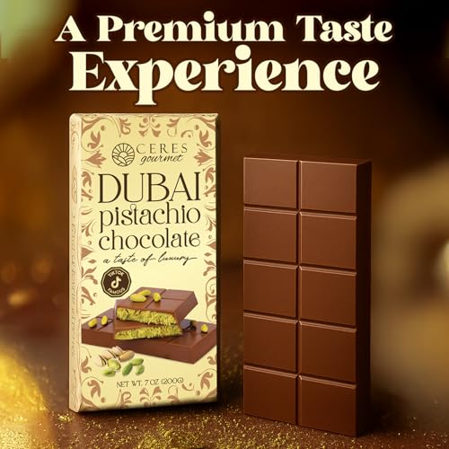 Ceres Gourmet Dubai Crispy Knafeh Chocolate Pistachio Bar 7oz,Famous Dubai Kunafa Pistachio Chocolate Bar,Crispy Kunafe with Pistachio Paste,Gourmet Dessert Gift