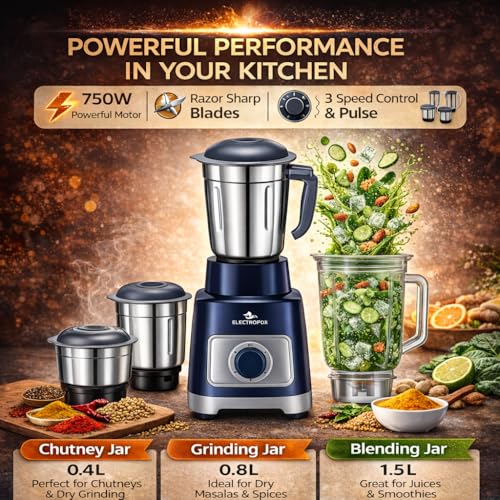 Image of Electrofox AeroMix With Grind X Technology 750 W Juicer Mixer Grinder (Aero Mix | 4 Jars | Blue, Grey) 4 Year Warranty