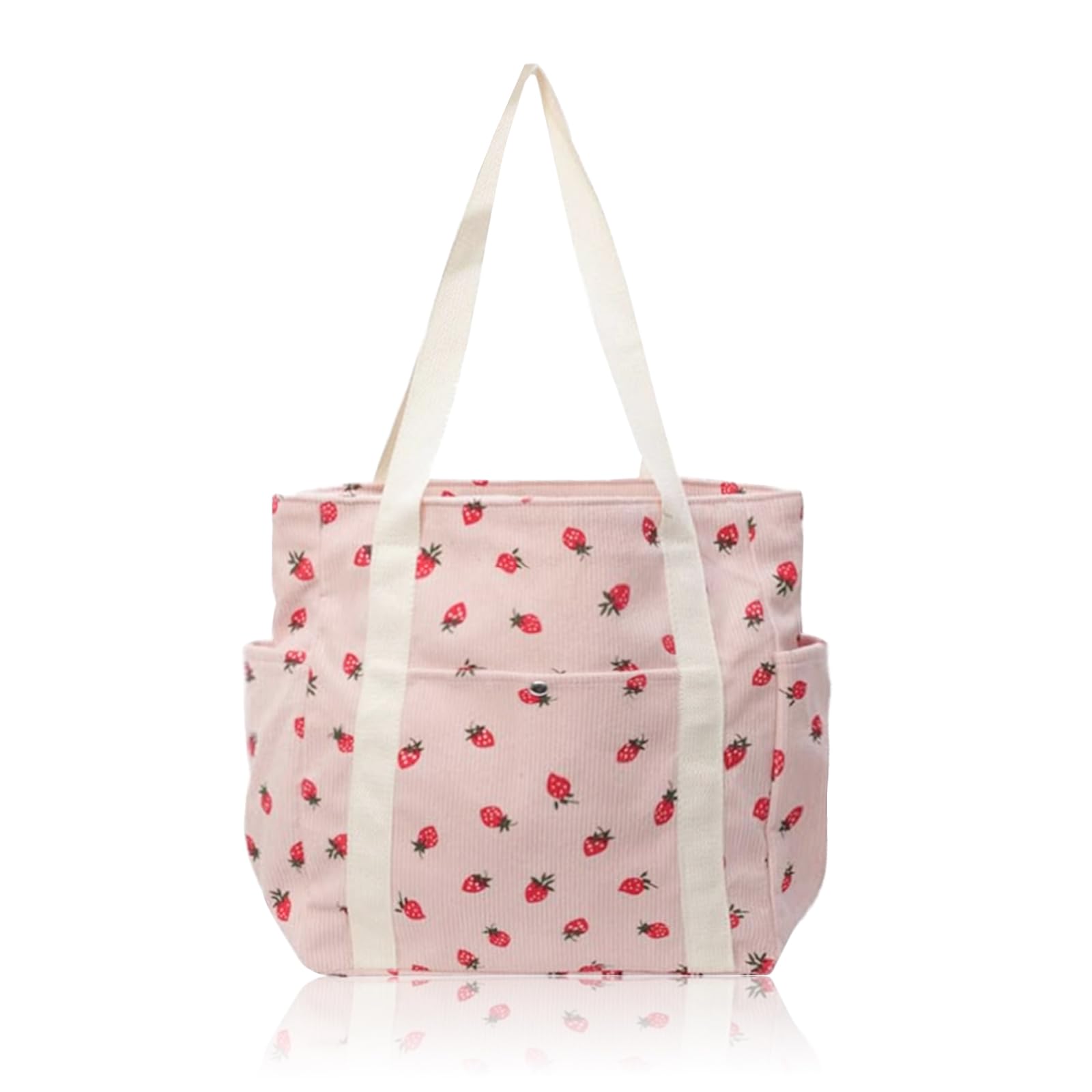 Dames corduroy grote handtas shopper met ritssluiting voor boeken, reizen, dagelijks gebruik, school, werk, winkelen, Roze aardbei, Eén Maat