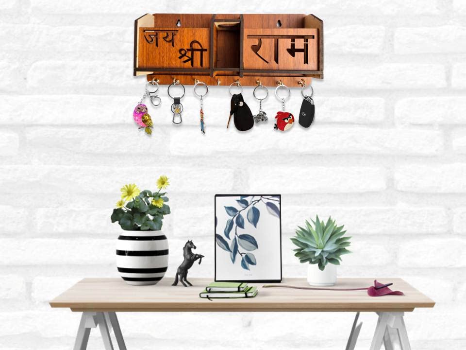 Image of Jai Shree Ram Key Holder Wooden Key Holder Stand for Home Wall, Office, Hall, Living Room, Bedroom Stylish Designer, Home Decor Two Pocket Mobile Charger and Pan Stand 8 Hooks MDF Brown