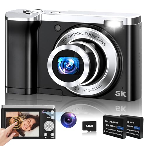 Digital Camera,5K 56MP Cameras for Photography Autofocus,Vlogging Compact Camera with Front and Rear Camera,10X Optical Zoom,6-Axis Anti-Shake,Touch Screen with 64GB SD Card,2 Batteries