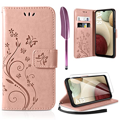 AROYI Lederhülle Kompatibel mit Samsung Galaxy A12 / M12 Hülle & Schutzfolie,Flip Wallet Handyhülle PU Leder Tasche Hülle Kartensteckplätzen Schutzhülle Kompatibel mit Samsung Galaxy A12 Roségold