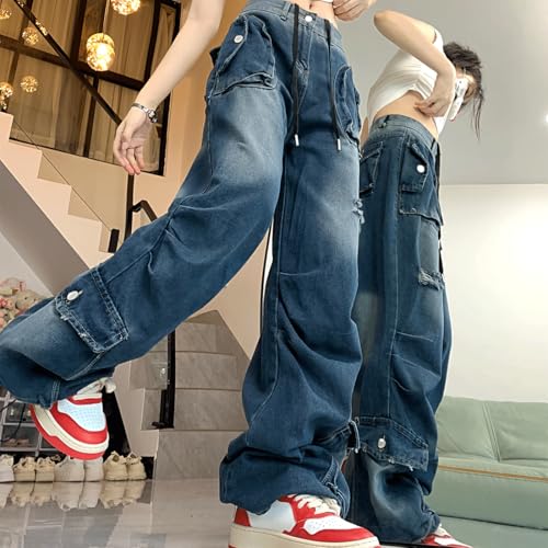 Y2K Gothic Grunge Casual High Waist Straight Wide Leg Vintage Ripped Distressed Drawstring Pleated Cargo Jeans2