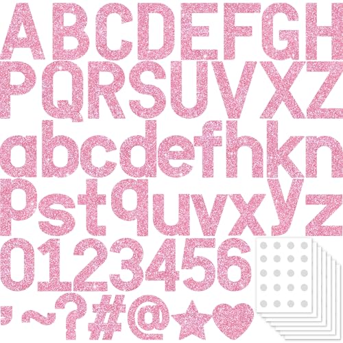 Image of Vuzvuv 295 Pcs Glitter Bulletin Board Letters and Numbers, 4 Inch Classroom Decor with Adhesive Points, Alphabet Cut Outs for School Display (Pink)