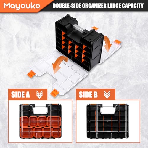 Image of Mayouko Double Side Tool Box with Transparent Lid, 8 Movable Small Trays & Removable Dividers, Multi-Function Small Parts Organizer, for Hardware, Screws, Bricks, Nails, Jewelry and Fishing Tackle