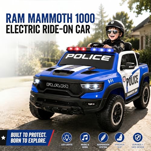 Image of 24V Licensed Dodge RAM Mammoth 1000 Ride On Police Car, 2-Seater Electric Ride On Truck with Remote Control, Power Wheels Toy Siren, Flashing Lights, Music, Bed Storage, Gift for Boys Girls, Blue