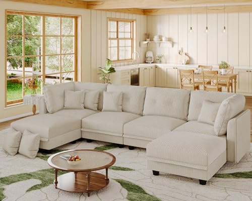Image of LLappuil 112 inch Modular Sectional Sofa with Storage, U Shaped 6-Seat Corduroy Couch with 6 Throw Pillows, Convertible Sofa Set for Living Room & Apartment, Skin-Friendly & Soft, Beige