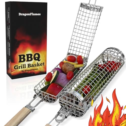 Grill Well 2.0 - Rolling Grill Basket (2 PCs) for Vegetables, Kebob, Shrimp | BBQ Grilling Accessories for Outdoor Cooking & Camping | Perfect Father's Day Gift for Men, Step Dad, Grandpa