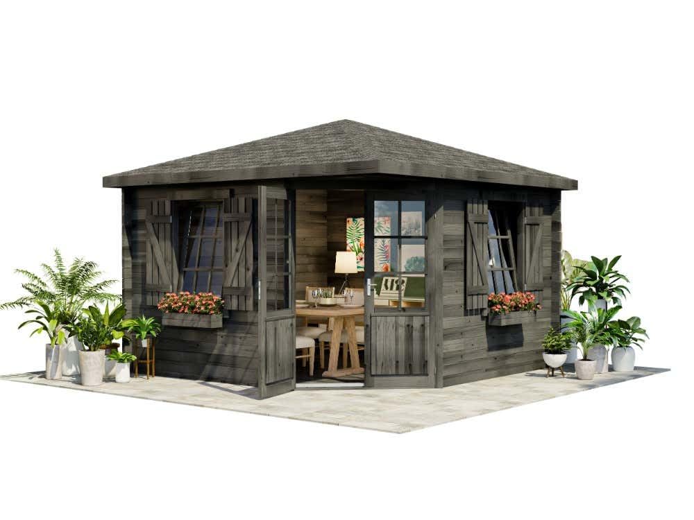 Alpholz 5-Eck Gartenhaus Monica Royal Gartenhaus aus Holz in Grau, Holzhaus mit 28 mm Wandstärke, Blockbohlenhaus mit Montagematerial