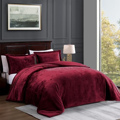 TAMGHO Red Queen Velvet Comforter Set, Plush Crushed Velvet Bedding, Ultra Soft Luxury Fluffy 3pc Set Includes 1 Comforter (92"x96") and 2 Pillow Shams (20"x26"+2")