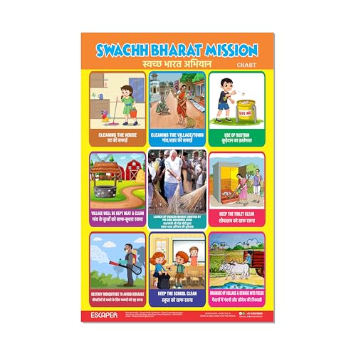Image of ESCAPER Swachh Bharat Educational Charts (11.5 x 17.5 inches), 300 GSM Paper, Laminated, Self Adhesive Back, Kids Learning Posters, Perfect For Home Schooling, Nursery Students