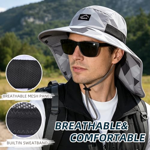 Image of Rosoz Outdoor Sun Hat for Men Women, UPF50+ Protection Safari Cap Wide Brim Mesh Fishing Hat with Neck Flap Beach Garden
