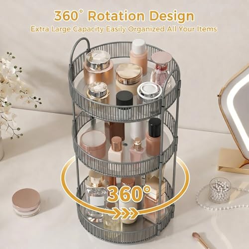 Image of JD FRESH 360 Degree Rotating Makeup Organizer 3 Layer Cosmetic Storage Box Vanity Stand with Drawers for Lipsticks Skincare Perfume Bathroom Countertop Dressing Table Organizer (Light Grey)