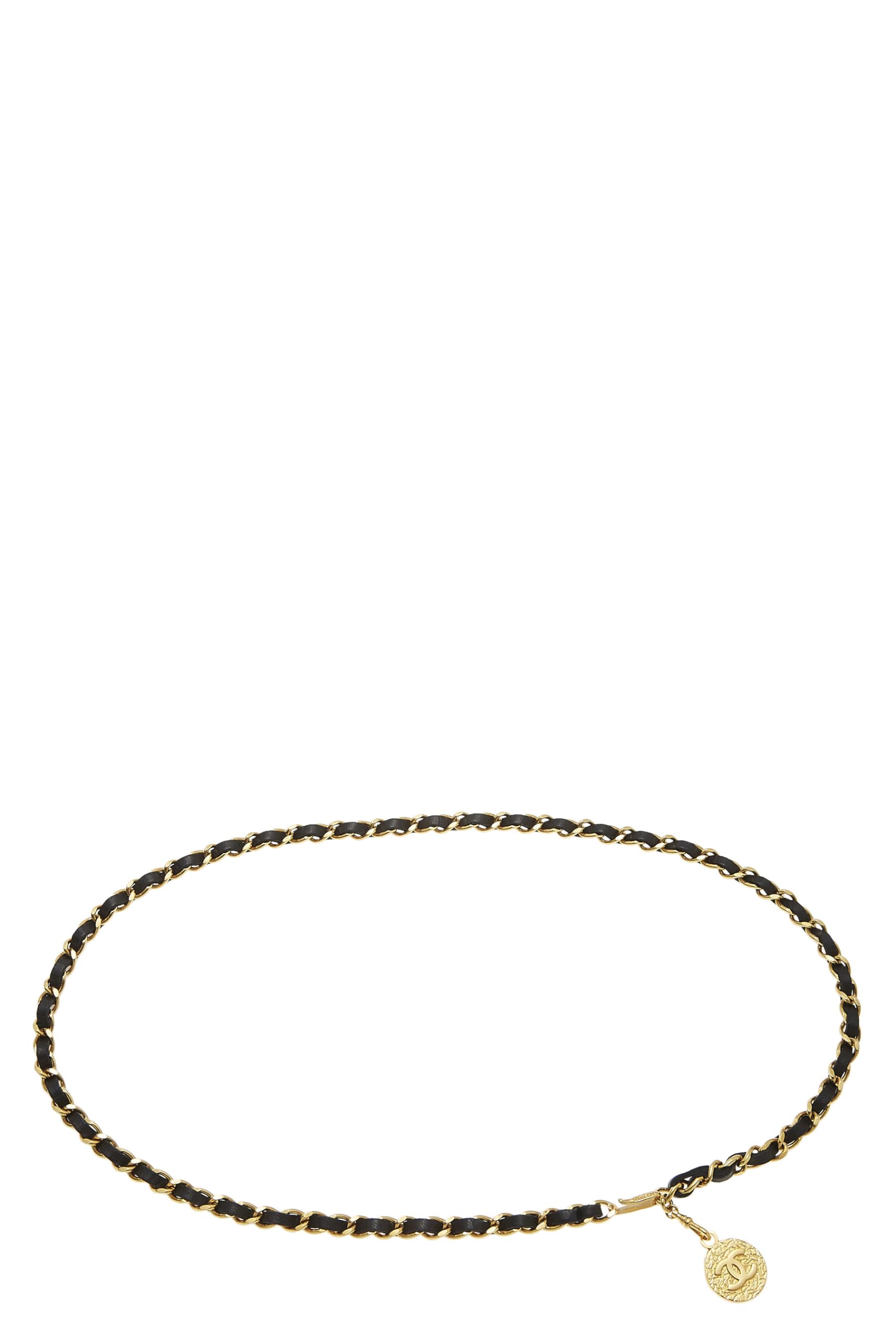 CHANELPre-Loved Gold & Black Leather Chain Belt, Black