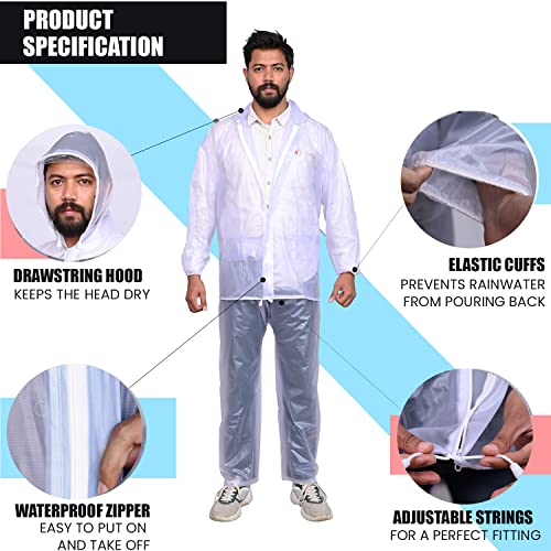 Image of Allextreme Crystal Men Raincoat with Adjustable Hood waterproof Reusable Rainwear Drawstring Hem Set of Top & Bottom with Carrying Pouch (XXL)