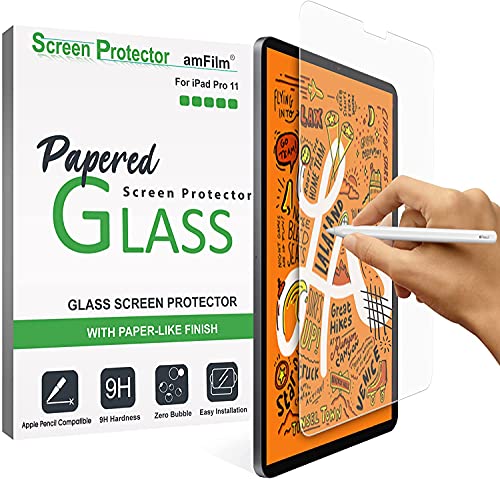 amFilm PAPERed Glass Screen Protector compatible with iPad Pro 11 inch (2021 & 2019), iPad Air 4 10.9inch (2020), 9H Tempered Glass Screen Protector with a Paper-Matte Finish, Face ID & Apple Pencil 2nd Compatible (1-Pack)