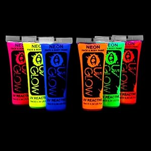 UV-Glow Bodypaint, lichaamsverf, blacklight, fluorescerende schmink, bodypaint in neonkleuren, lichtgevende kleuren, 6 x 10ml