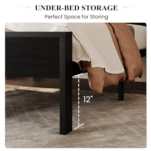 SHA CERLIN 14 Inch Twin Size Metal Platform Bed Frame with Wooden Headboard and Footboard, Mattress Foundation, No Box Spring Needed, Large Under Bed Storage, Heavy Duty Slats Support, Black Oak