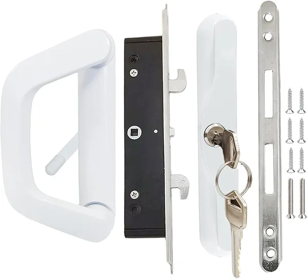 Augenweide Sliding Patio Door Handle Set with Mortise Lock, Key Cylinder and Keeper, 4-15/16" Hole Spacing, Suitable for Sliding Glass Patio Door Thickness from 1.5" to 2" (White)