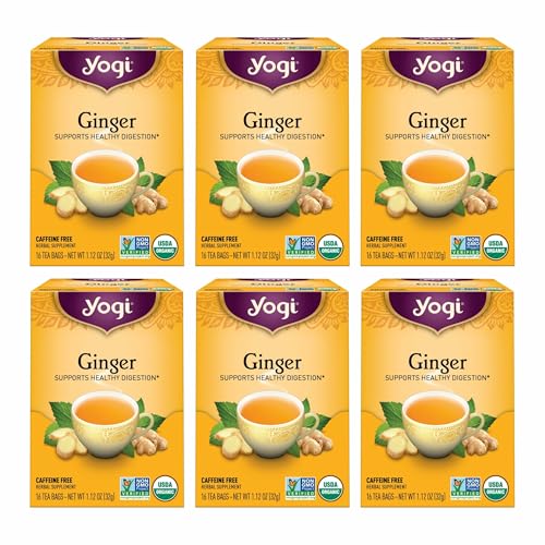 Yogi Tea - Ginger Tea (6 Pack) - Supports Healthy Digestion - Soothing and Spicy Blend - Caffeine Free - 96 Organic Herbal Tea Bags