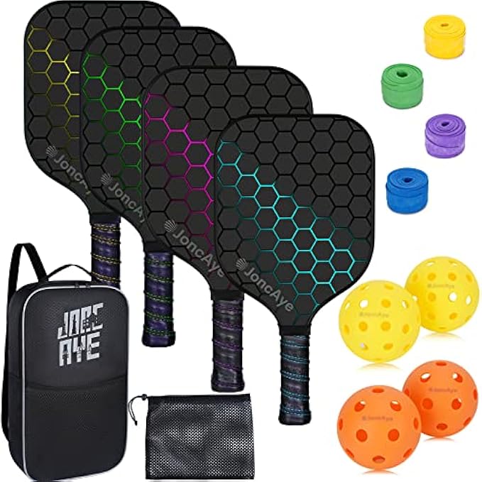 JoncAye Pickleball-Paddles-Set-of-4, Light Pickle-Ball-Paddle-Set with 4 Outdoor Indoor Balls, Paddle Case, Ball Bag | Fiberglass Rackets and Accessories for Adults, Pickleball Racquets for Men Women